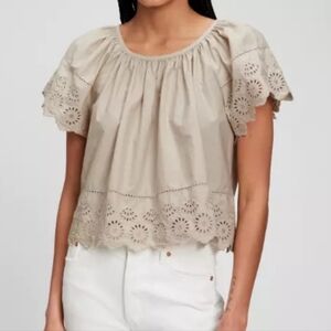NWT GAP Eyelet Short Flutter Sleeve Cropped Swing Top Moonstone Beige Cotton SM